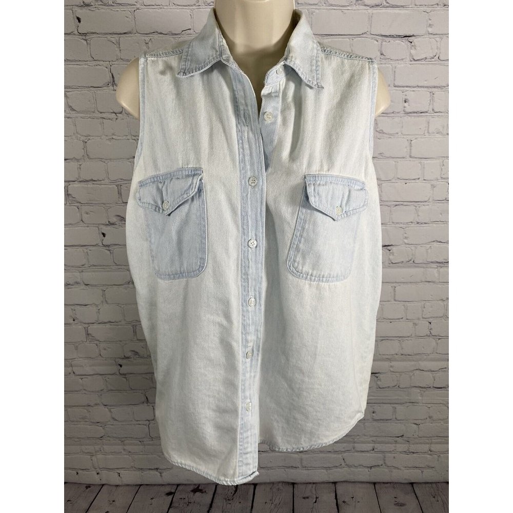 Andrew’s Blues Sleeveless Light Wash Denim Blue Jean Collared Button Up Blouse S